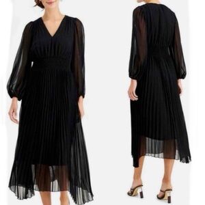 JUST TAYLOR Black Pleated Skirt 3/4 Sleeve Midi Dress Chiffon